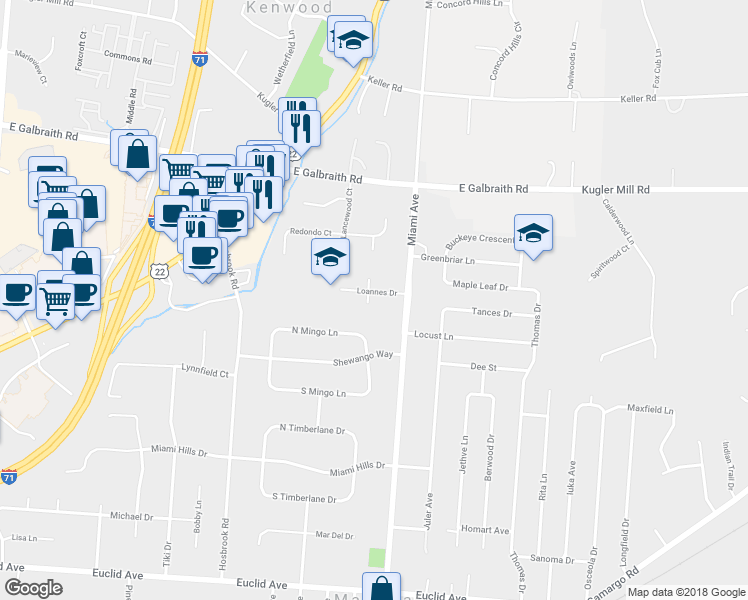 map of restaurants, bars, coffee shops, grocery stores, and more near 7612 Loannes Court in Cincinnati