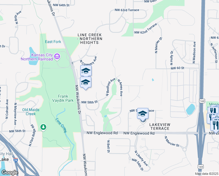 map of restaurants, bars, coffee shops, grocery stores, and more near 5905 North Bedford Avenue in Kansas City