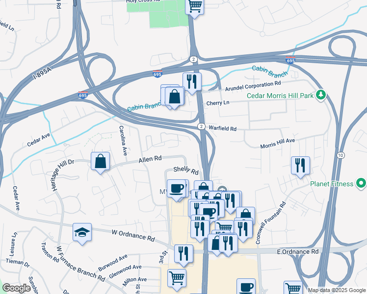 map of restaurants, bars, coffee shops, grocery stores, and more near 129 Warwickshire Lane in Glen Burnie