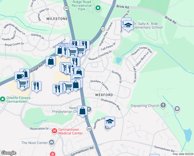 map of restaurants, bars, coffee shops, grocery stores, and more near 20911 Theseus Terrace in Germantown