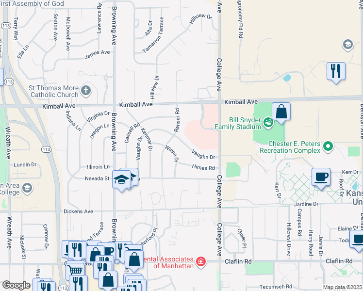 map of restaurants, bars, coffee shops, grocery stores, and more near 2457 Vaughn Drive in Manhattan