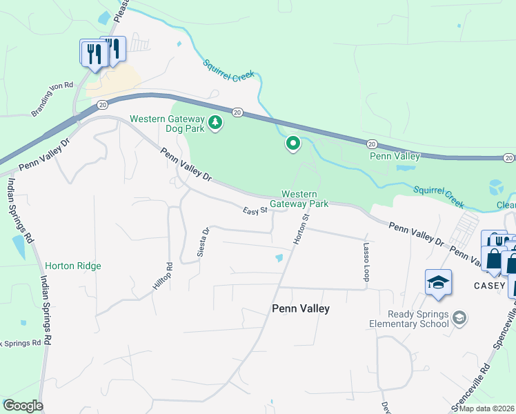 map of restaurants, bars, coffee shops, grocery stores, and more near 18474 Easy St in Penn Valley
