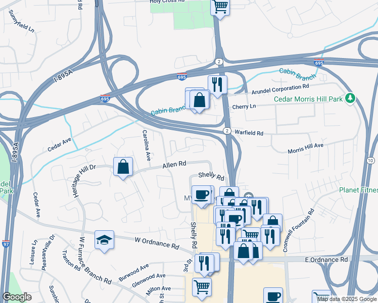 map of restaurants, bars, coffee shops, grocery stores, and more near 119 Warwickshire Lane in Glen Burnie