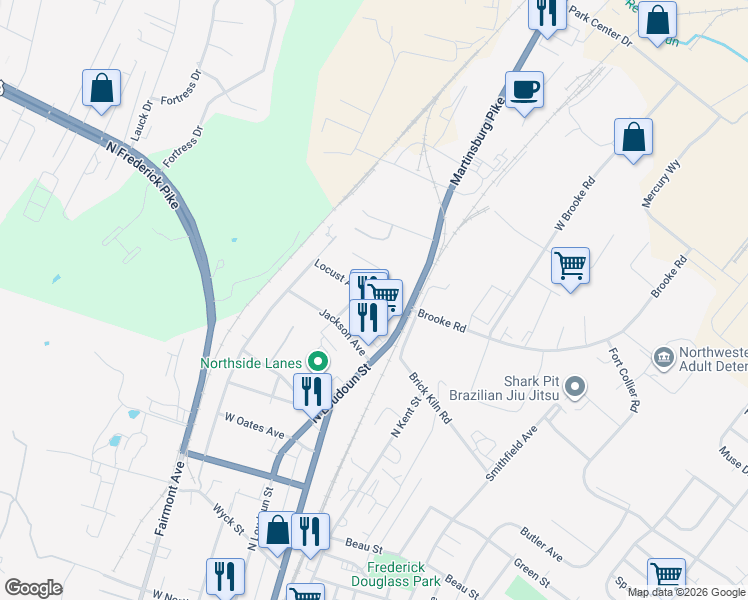 map of restaurants, bars, coffee shops, grocery stores, and more near 976 North Braddock Street in Winchester