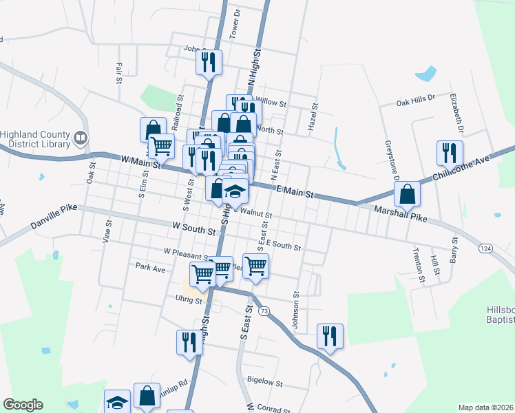 map of restaurants, bars, coffee shops, grocery stores, and more near 142 East Walnut Street in Hillsboro