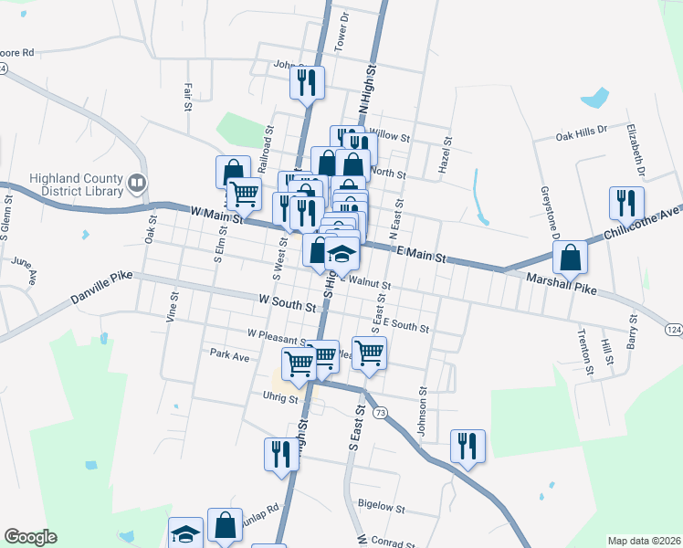 map of restaurants, bars, coffee shops, grocery stores, and more near 142 South High Street in Hillsboro