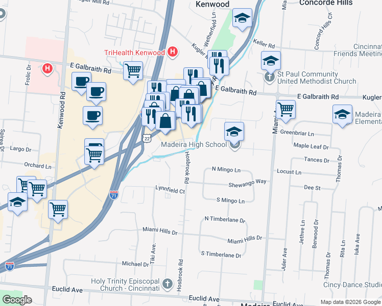 map of restaurants, bars, coffee shops, grocery stores, and more near 7800 Hosbrook Road in Cincinnati