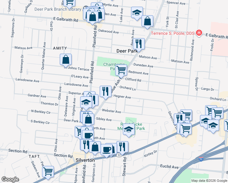 map of restaurants, bars, coffee shops, grocery stores, and more near 4105 Orchard Lane in Cincinnati