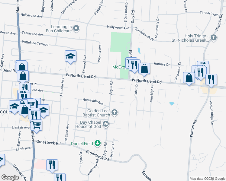 map of restaurants, bars, coffee shops, grocery stores, and more near 1083 Loiska Lane in Cincinnati