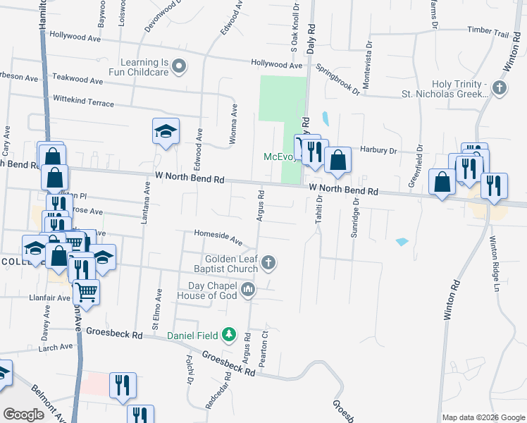 map of restaurants, bars, coffee shops, grocery stores, and more near 1083 Loiska Lane in Cincinnati