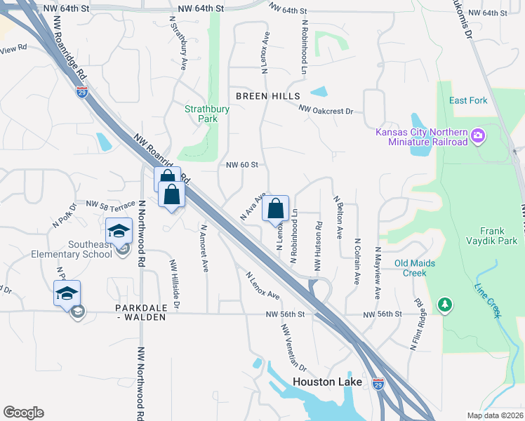 map of restaurants, bars, coffee shops, grocery stores, and more near 5823 North Ava Avenue in Kansas City
