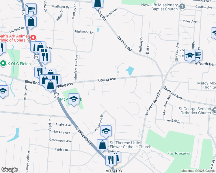 map of restaurants, bars, coffee shops, grocery stores, and more near 2465 Hearthstead Lane in Cincinnati