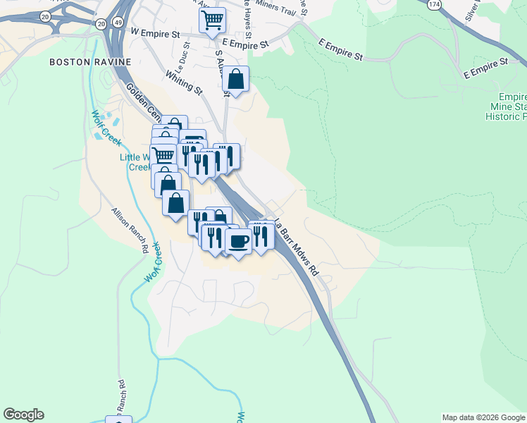 map of restaurants, bars, coffee shops, grocery stores, and more near 824 South Auburn Street in Grass Valley
