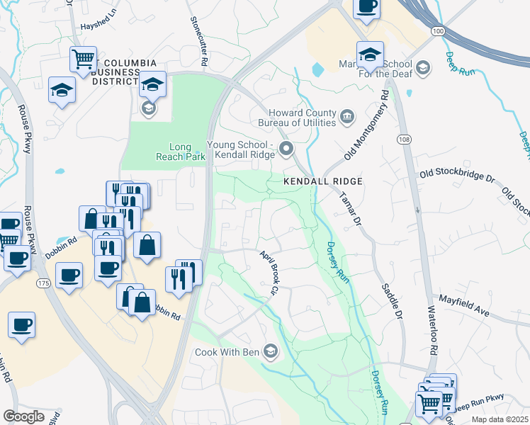 map of restaurants, bars, coffee shops, grocery stores, and more near 6249 Deer Season Run in Columbia