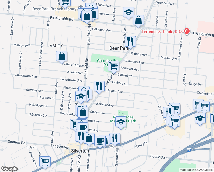 map of restaurants, bars, coffee shops, grocery stores, and more near 4105 Orchard Lane in Cincinnati