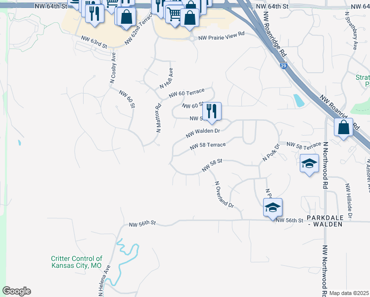 map of restaurants, bars, coffee shops, grocery stores, and more near 5404 Northwest 58 Terrace in Kansas City