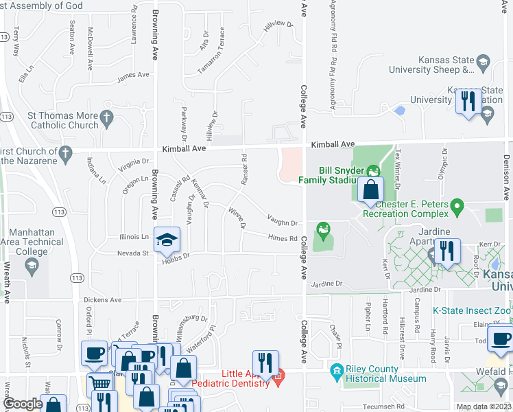 map of restaurants, bars, coffee shops, grocery stores, and more near 2453 Vaughn Drive in Manhattan