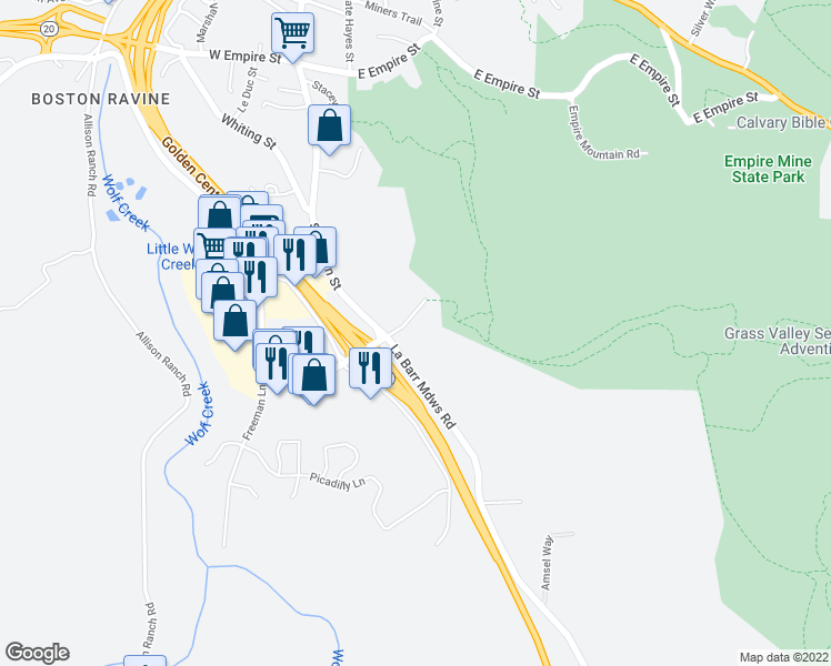 map of restaurants, bars, coffee shops, grocery stores, and more near 119 East McKnight Way in Grass Valley