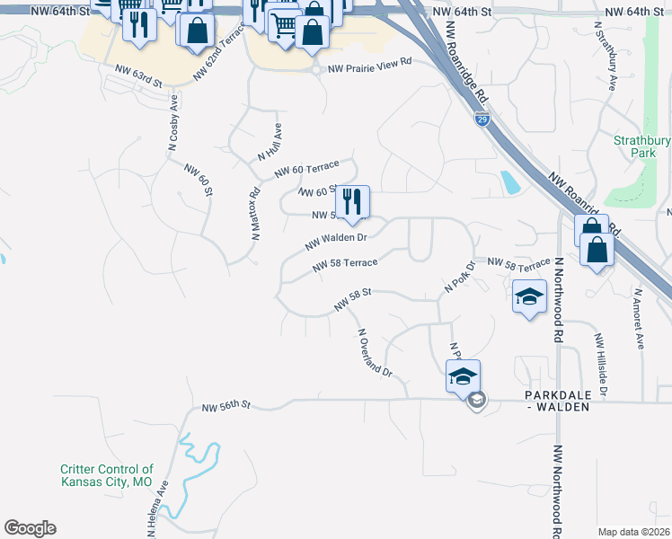 map of restaurants, bars, coffee shops, grocery stores, and more near 5309 Northwest 58 Terrace in Kansas City