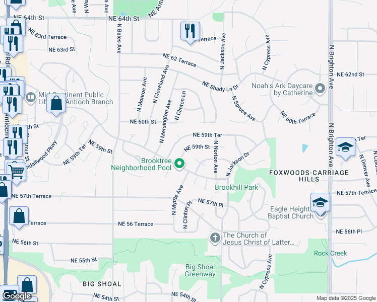 map of restaurants, bars, coffee shops, grocery stores, and more near 4001 Northeast 59th Street in Kansas City