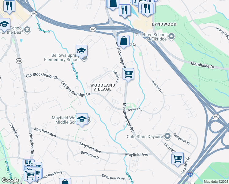 map of restaurants, bars, coffee shops, grocery stores, and more near 7634 Stony Creek Lane in Ellicott City