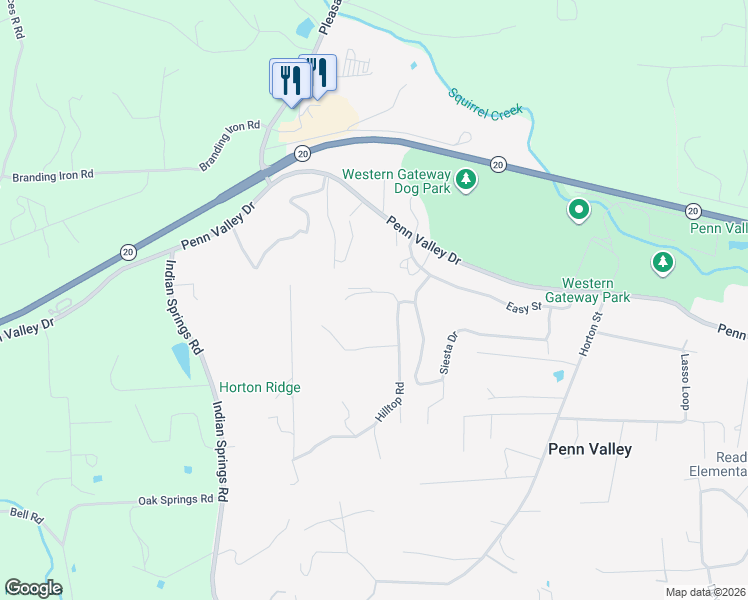 map of restaurants, bars, coffee shops, grocery stores, and more near 18750 Hilltop Road in Penn Valley