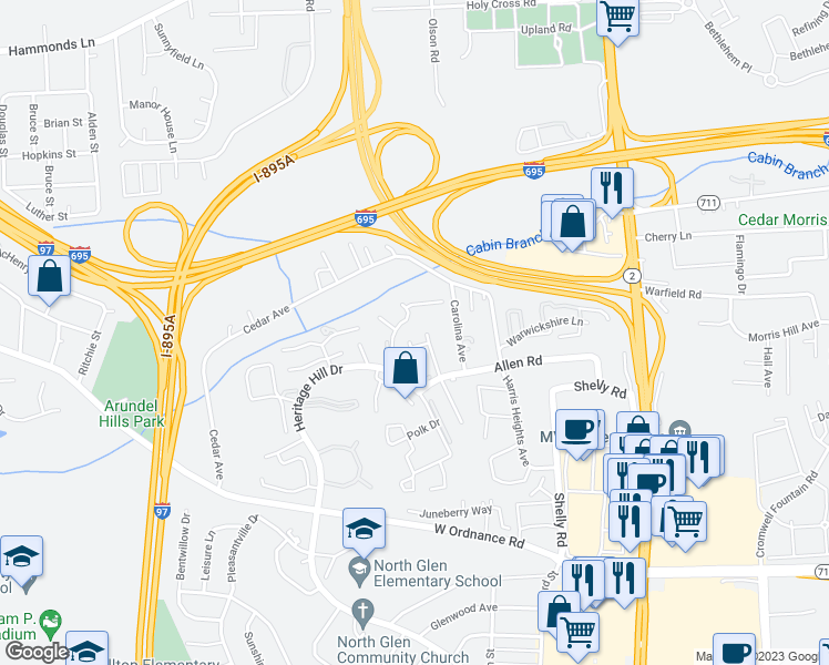 map of restaurants, bars, coffee shops, grocery stores, and more near 6510 Jefferson Place in Glen Burnie