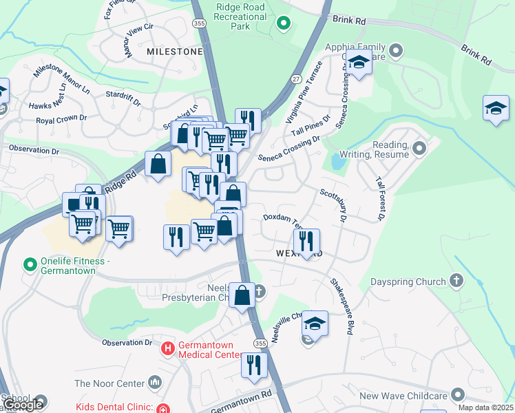 map of restaurants, bars, coffee shops, grocery stores, and more near 20920 Tewkesbury Terrace in Germantown