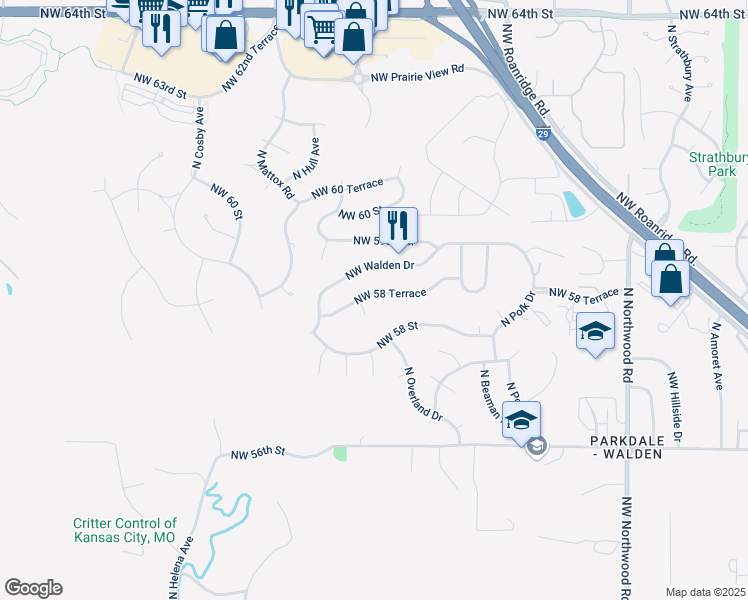 map of restaurants, bars, coffee shops, grocery stores, and more near 5309 Northwest 58 Terrace in Kansas City