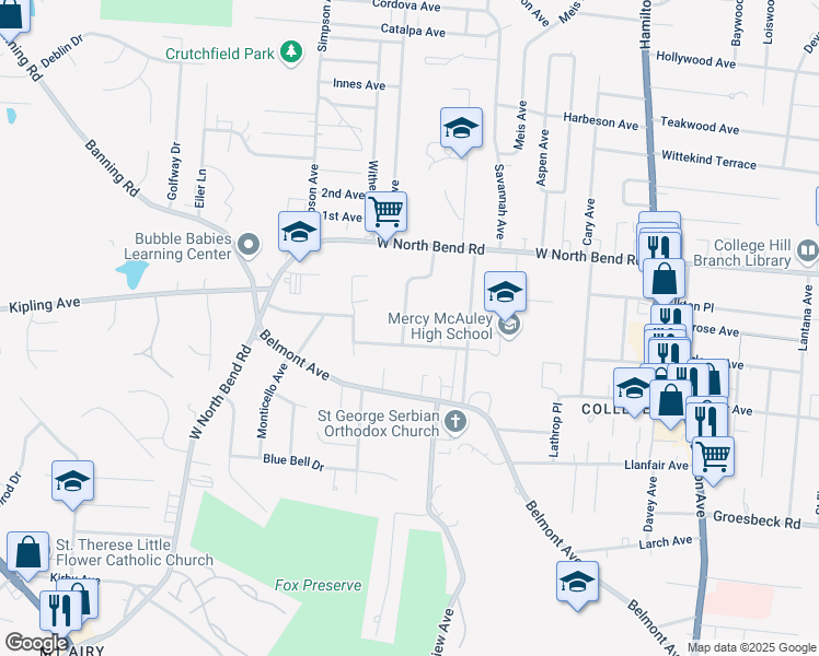 map of restaurants, bars, coffee shops, grocery stores, and more near 6017 Pawnee Drive in Cincinnati