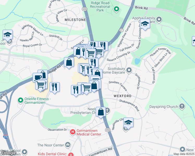 map of restaurants, bars, coffee shops, grocery stores, and more near 20918 North Frederick Road in Germantown