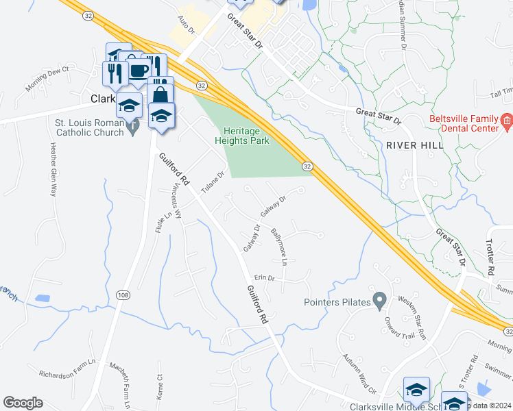 map of restaurants, bars, coffee shops, grocery stores, and more near 6505 Limerick Court in Clarksville