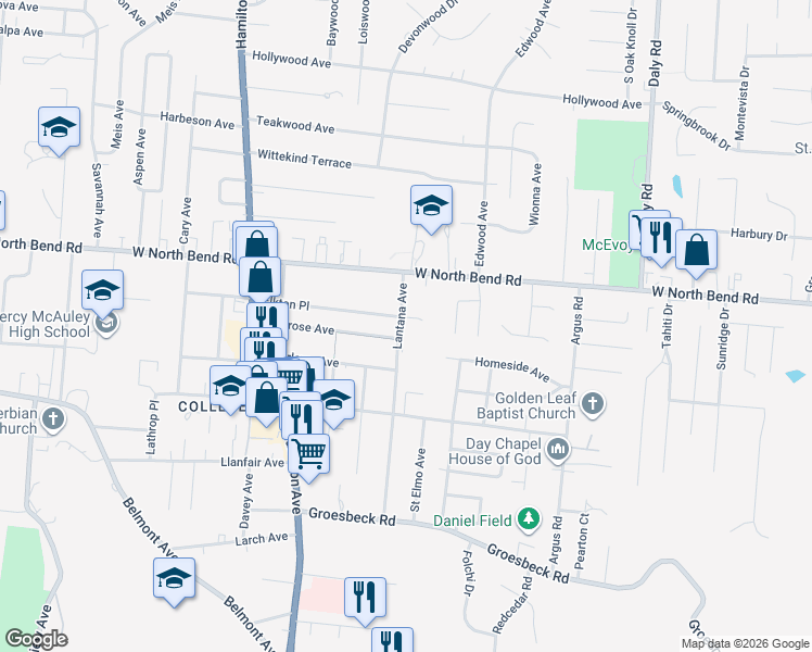 map of restaurants, bars, coffee shops, grocery stores, and more near 6040 Lantana Avenue in Cincinnati