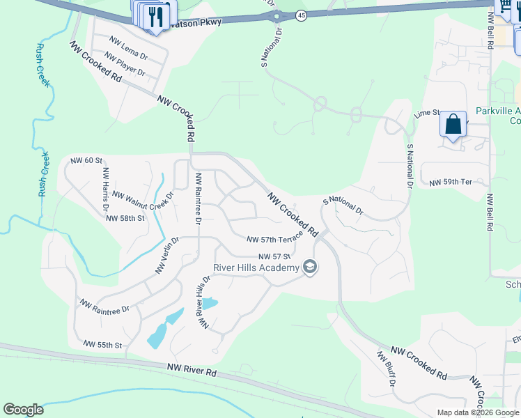 map of restaurants, bars, coffee shops, grocery stores, and more near 5803 Northwest Aspen Lane in Parkville