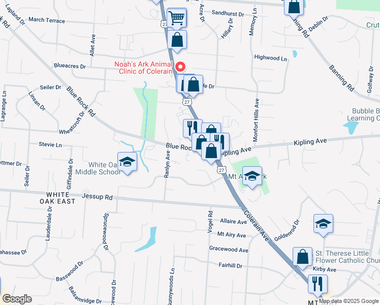 map of restaurants, bars, coffee shops, grocery stores, and more near 2825 Blue Rock Road in Cincinnati