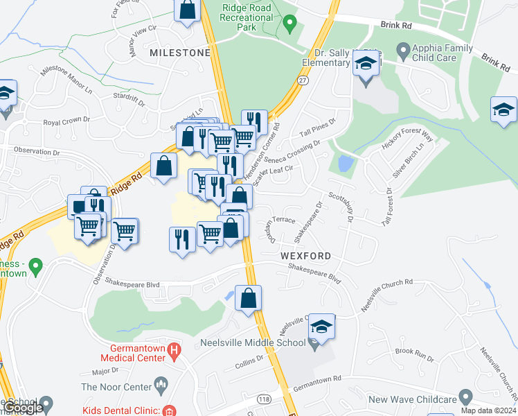 map of restaurants, bars, coffee shops, grocery stores, and more near 20930 Tewkesbury Terrace in Germantown