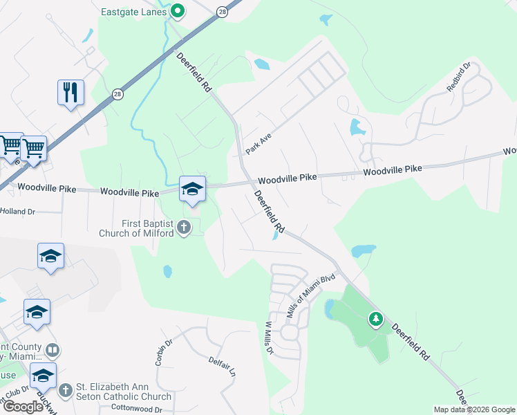 map of restaurants, bars, coffee shops, grocery stores, and more near 6080 Deer Crossing Court in Milford