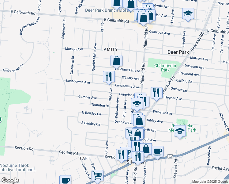 map of restaurants, bars, coffee shops, grocery stores, and more near 3982 Superior Avenue in Cincinnati