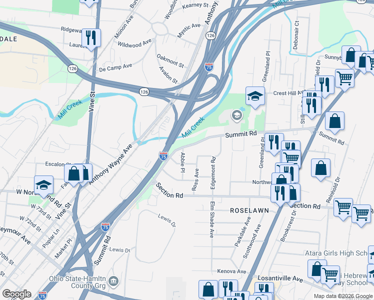 map of restaurants, bars, coffee shops, grocery stores, and more near 1443 Summit Road in Cincinnati