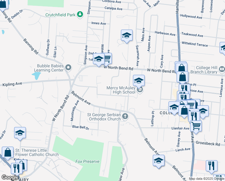 map of restaurants, bars, coffee shops, grocery stores, and more near 6017 Pawnee Drive in Cincinnati