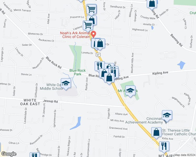 map of restaurants, bars, coffee shops, grocery stores, and more near 2825 Blue Rock Road in Cincinnati