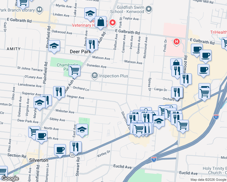 map of restaurants, bars, coffee shops, grocery stores, and more near 4340 Orchard Lane in Deer Park