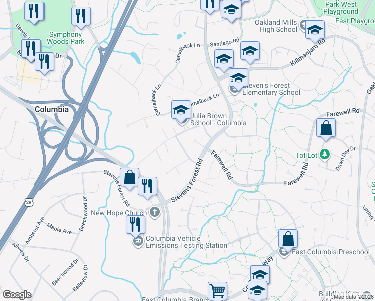 map of restaurants, bars, coffee shops, grocery stores, and more near 6154 40 Winks Way in Columbia