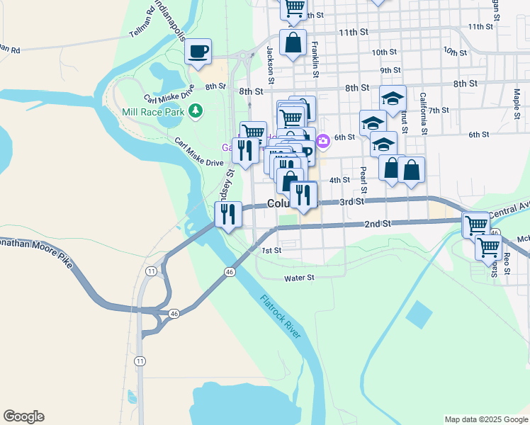 map of restaurants, bars, coffee shops, grocery stores, and more near 203 3rd Street in Columbus