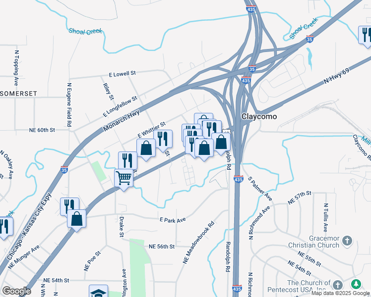 map of restaurants, bars, coffee shops, grocery stores, and more near 334 U.S. 69 in Kansas City