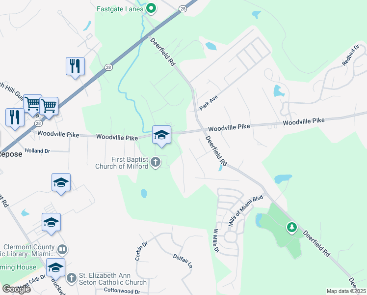 map of restaurants, bars, coffee shops, grocery stores, and more near 5085 Cross Creek Ln in Milford