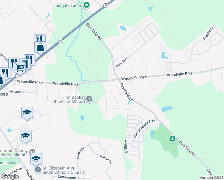 map of restaurants, bars, coffee shops, grocery stores, and more near 5085 Cross Creek Lane in Milford
