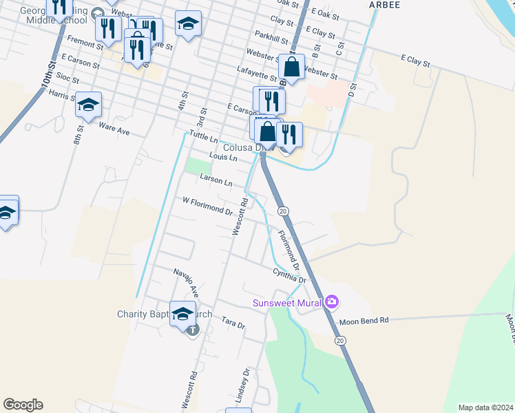 map of restaurants, bars, coffee shops, grocery stores, and more near 1431 Wescott Road in Colusa