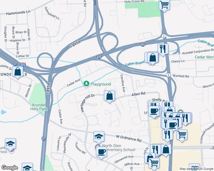 map of restaurants, bars, coffee shops, grocery stores, and more near 195 Continental Drive in Glen Burnie