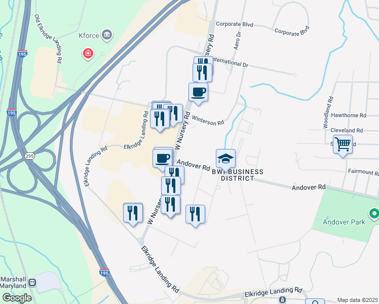map of restaurants, bars, coffee shops, grocery stores, and more near 1671 West Nursery Road in Linthicum Heights